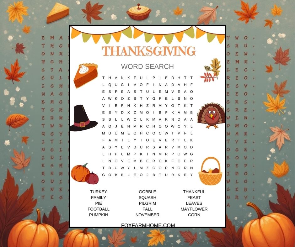 word search on background with pumpkins and other fall themed items