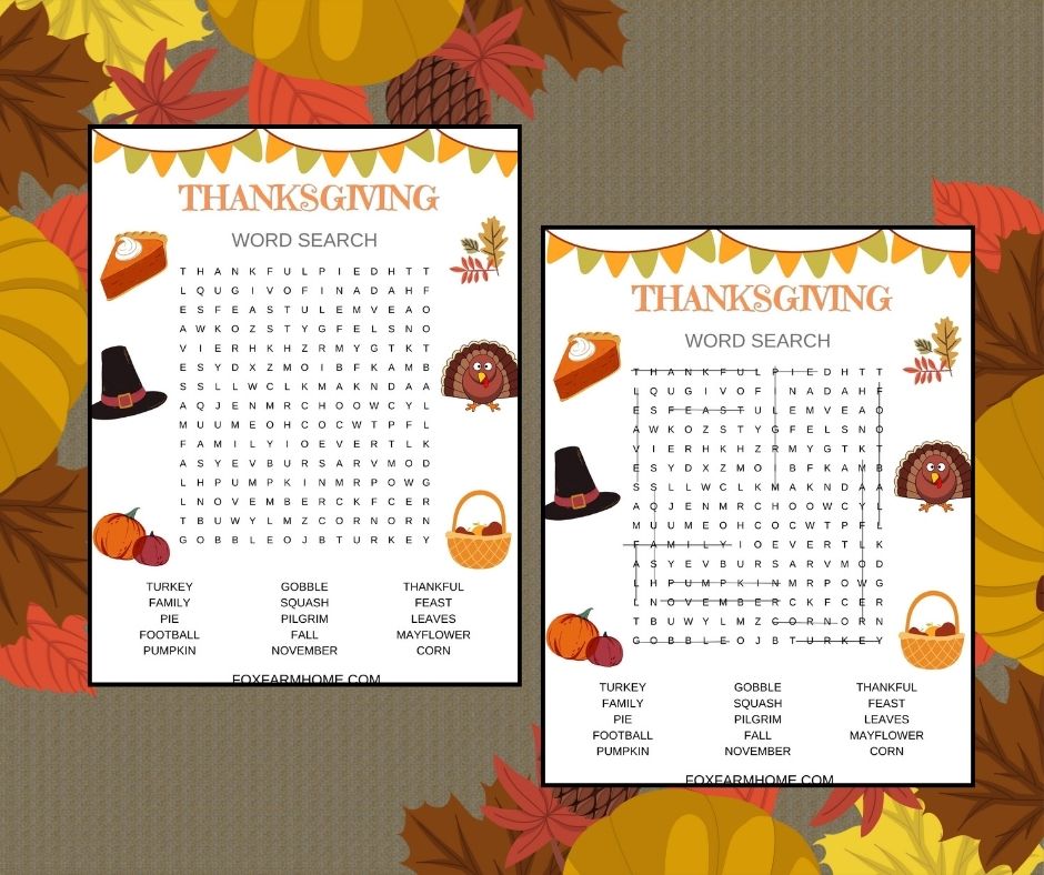 Both the thanksgiving word search and answer key template on green background with pumpkins and leaves on the border