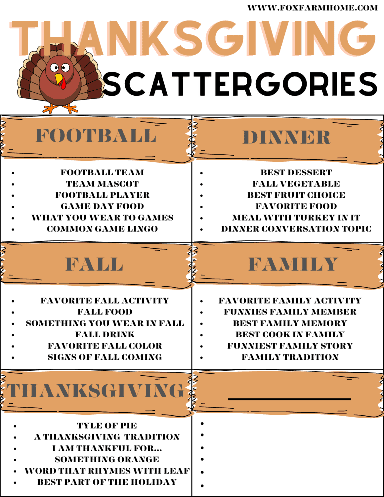 Thanksgiving Scattergories Game With Free Printables