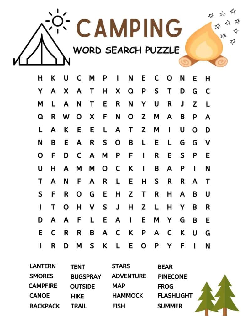 difficult version of camping themed word search puzzle with 20 words