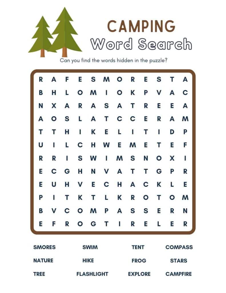 easy camping word search printable