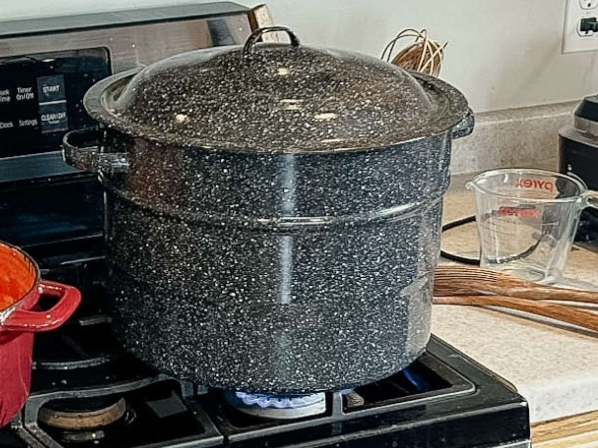 stock pot sitting on stove with cover on.