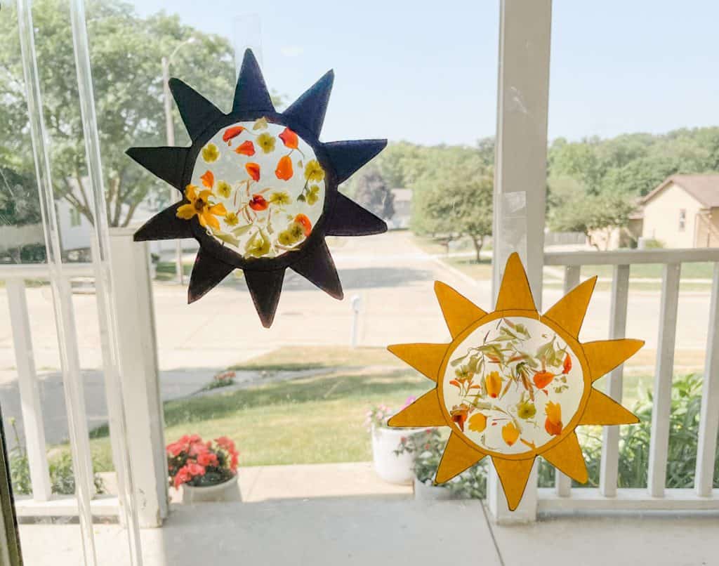 two sunshine suncatchers hung up on a glass door on a sunny day