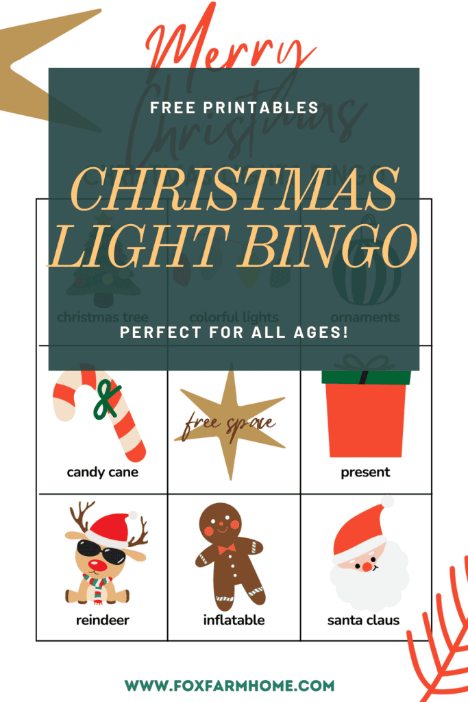 Pinterest Pin for Christmas Light Bingo post with 3x3 bingo card with Christmas images
