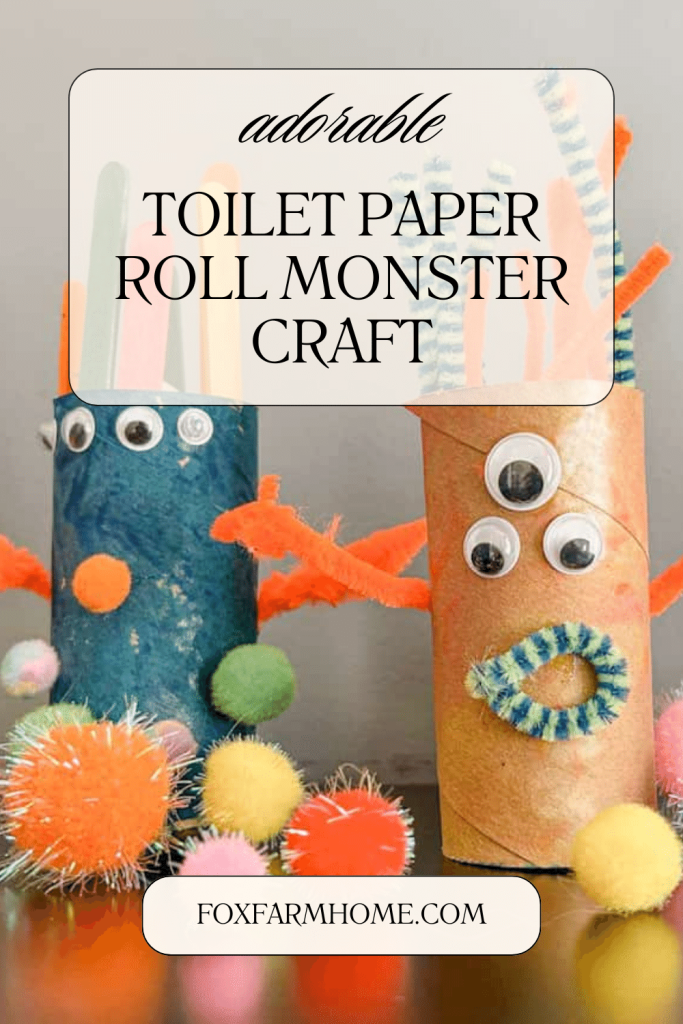 pinterest pin for toilet paper roll monsters with 2 completed monsters with pom poms around them