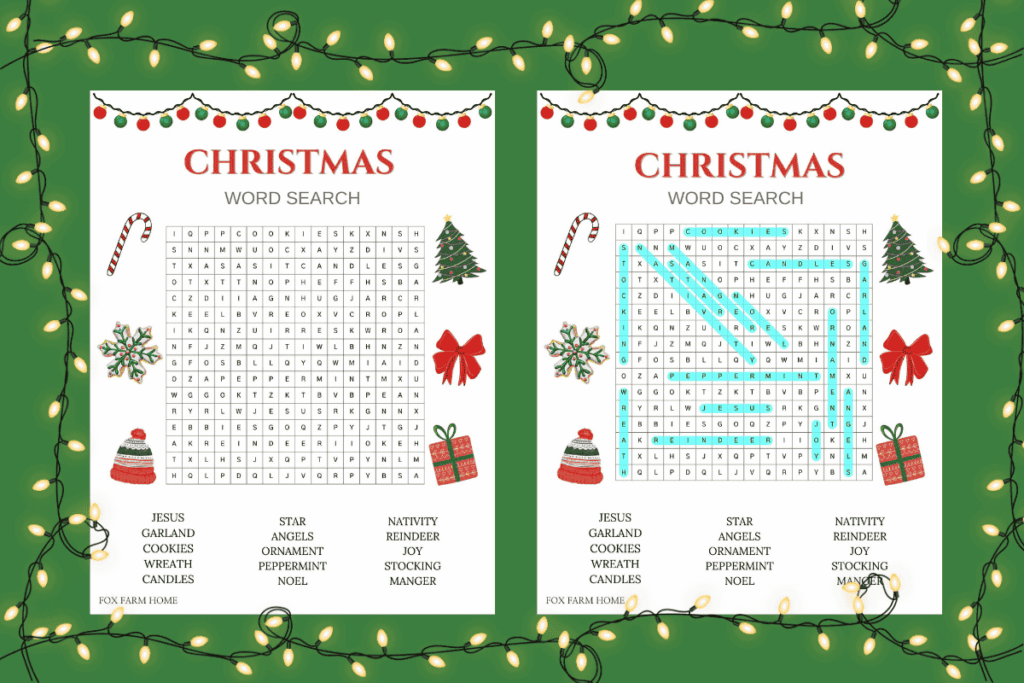 Christmas word search and answer key in photo with green background with lights around it