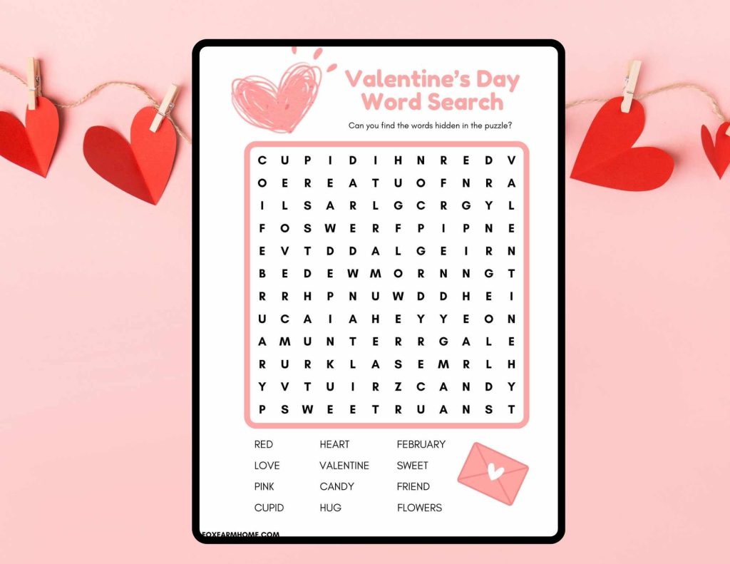 valentines day word search printable on background with hearts