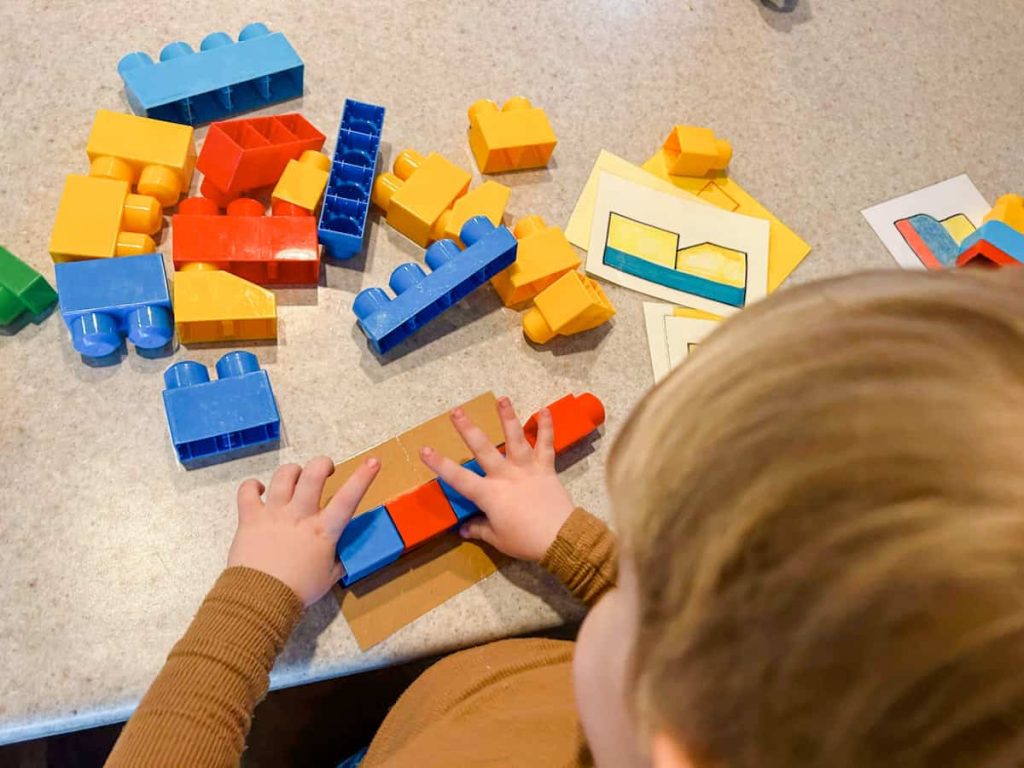 child building with red and blue blocks