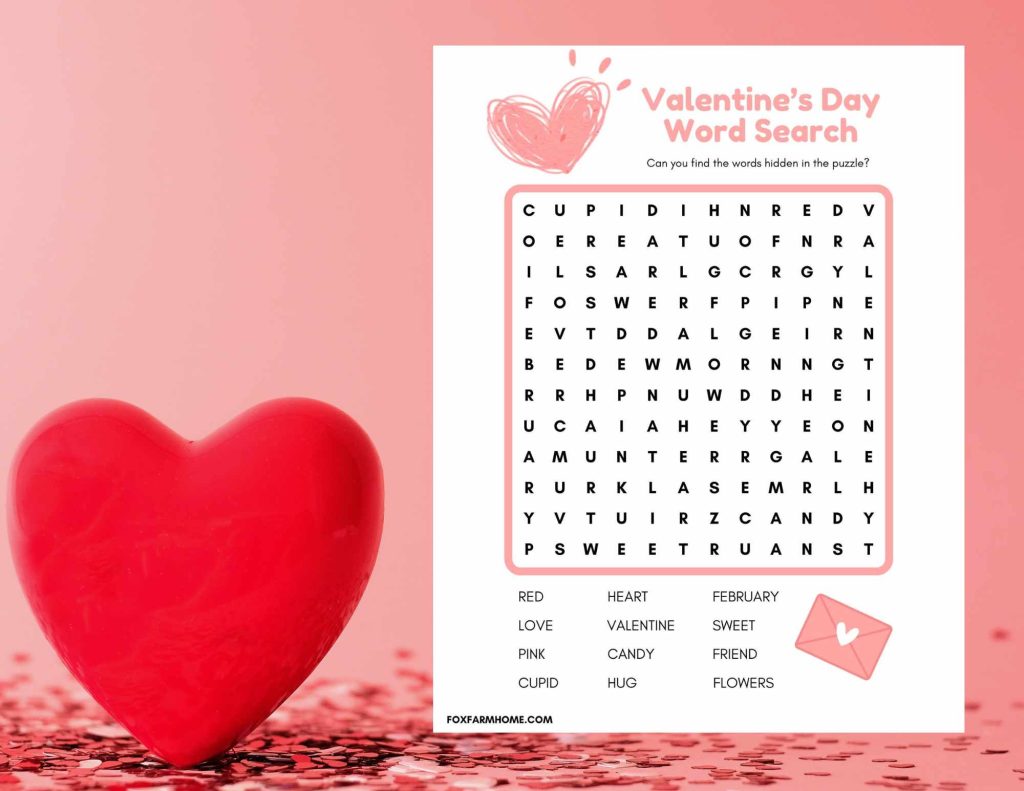 Valentines Day word search on pink background with heart