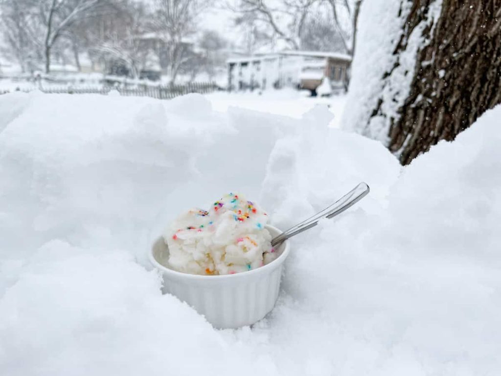 vanilla snow cream with sprinkles sitting outside in the snow