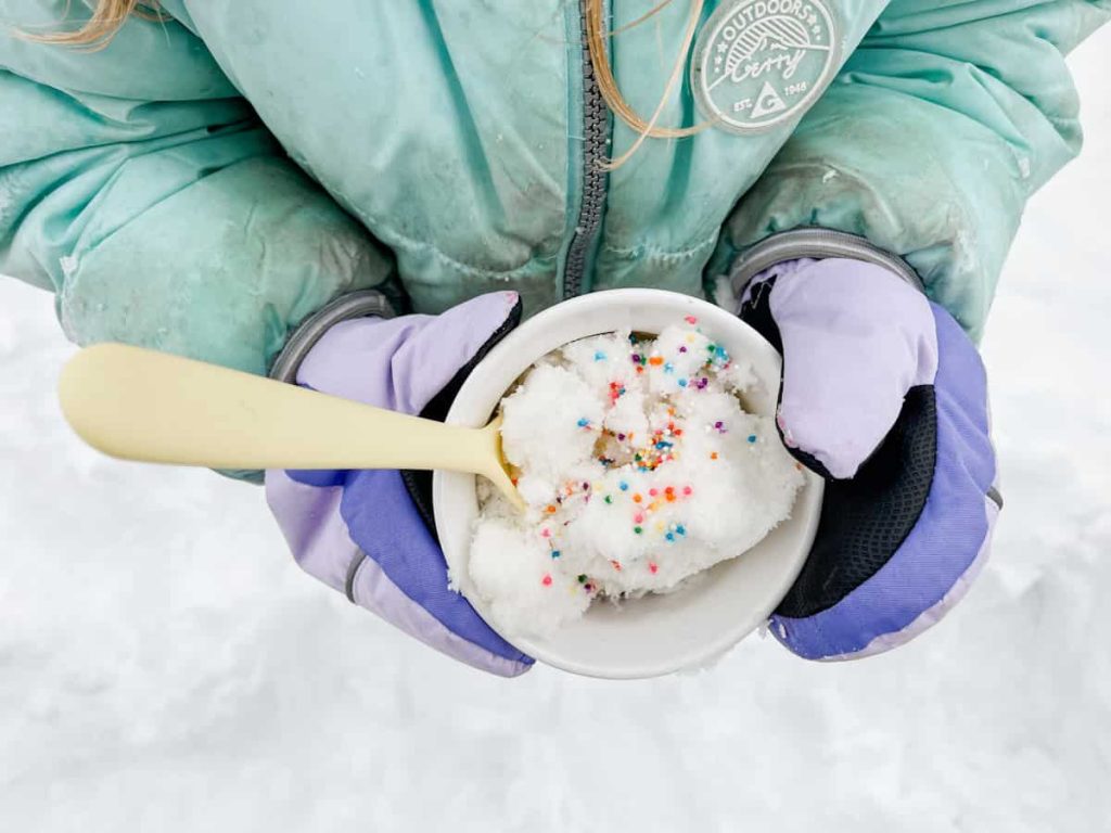 child holding a bowl of vanilla snow cream with sprinkles on top