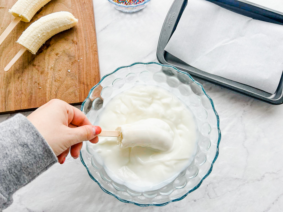 Easy Banana Yogurt Popsicles- A Healthy Summer Snack - Fox Farm Home - Present Banana Dip As A Treat