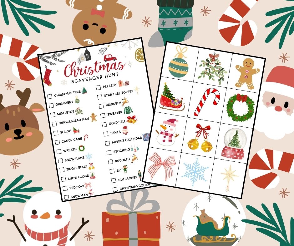 Printable scavenger hunt game item cards and scavenger hunt card on photo with christmas background