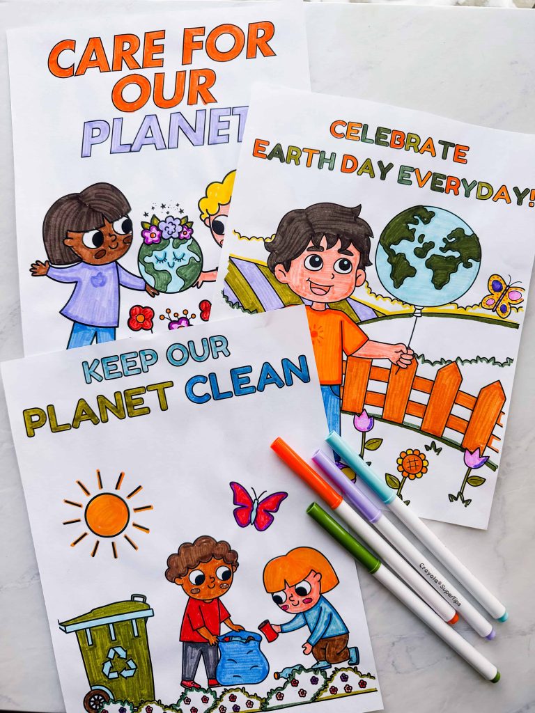 3 Earth Day coloring sheets that are completed