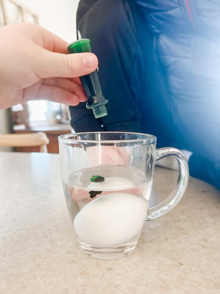 child dropping green food coloring into cup