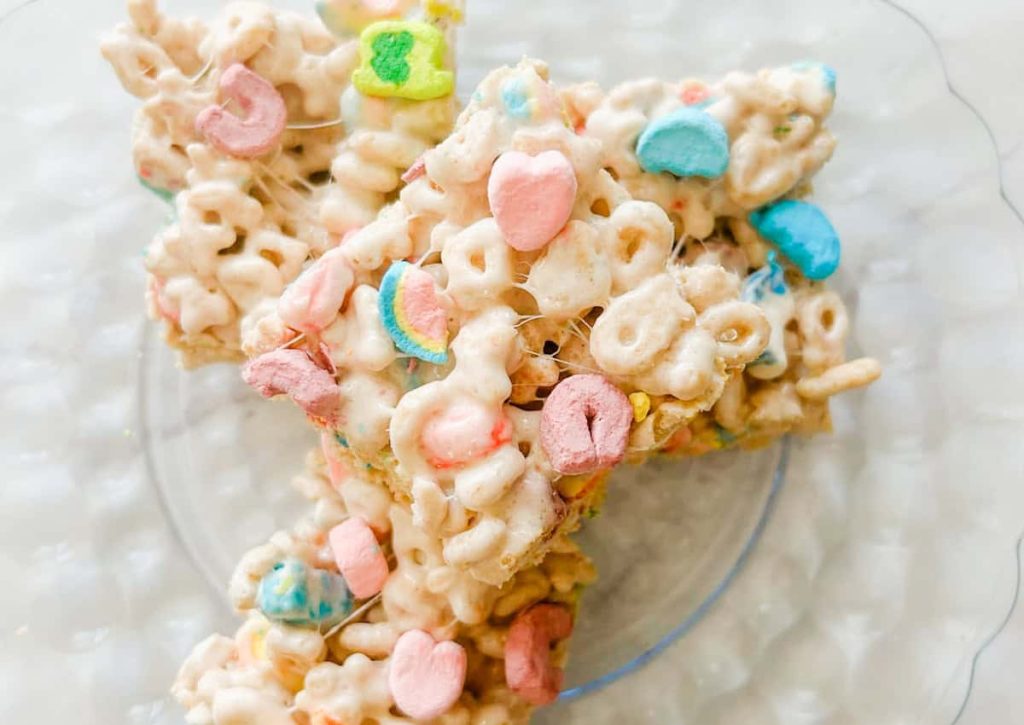 plate with Lucky charms rice krispie treats on it