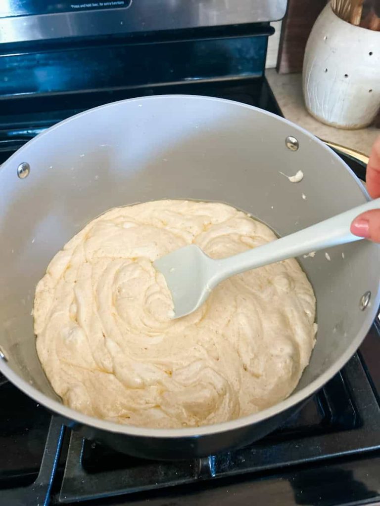 spatula stirring the marshmallow mixture