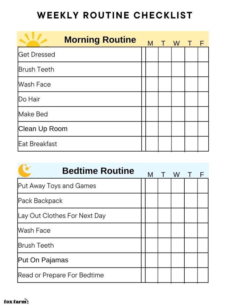 morning and bedtime weekly routine chart printable