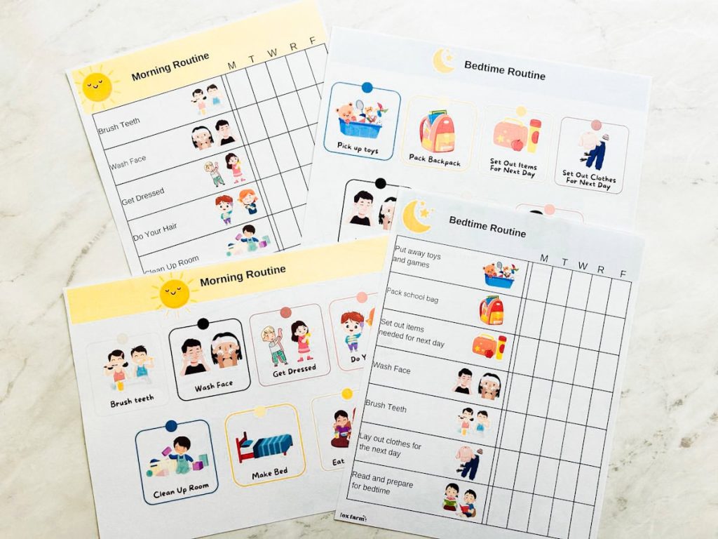 both morning and bedtime routine charts on table