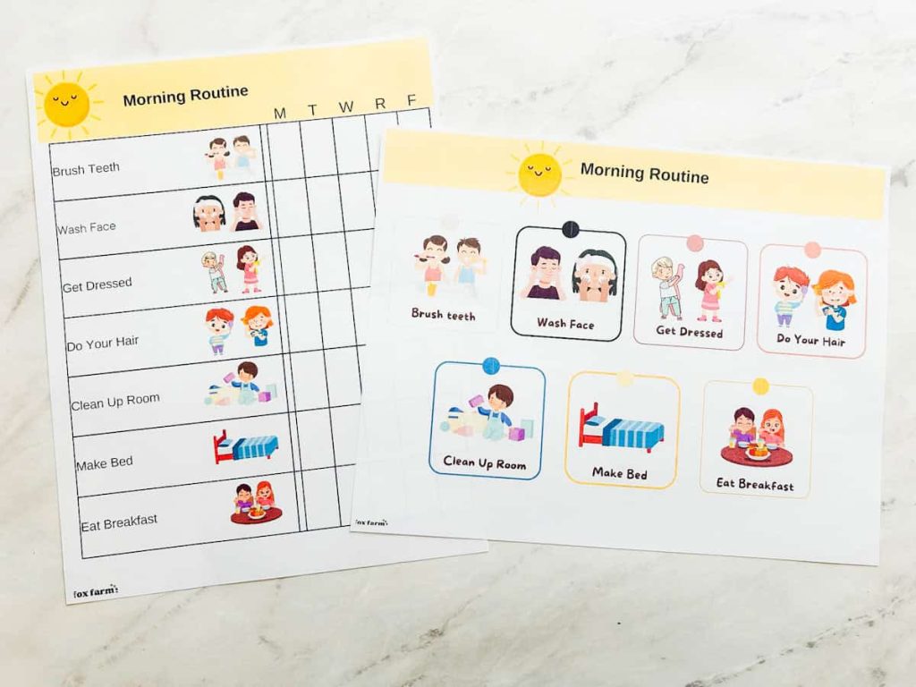 morning visual schedule for kids sitting on table