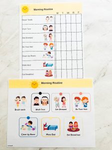 morning visual schedule- both daily and weekly schedule- sitting on table