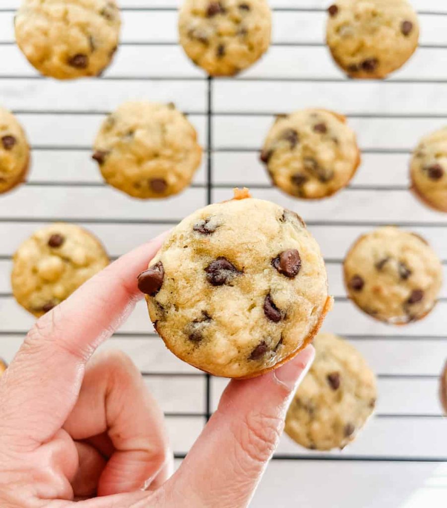 mini banana muffin with chocolate chips held up in front of many more mini muffins on a wire rack