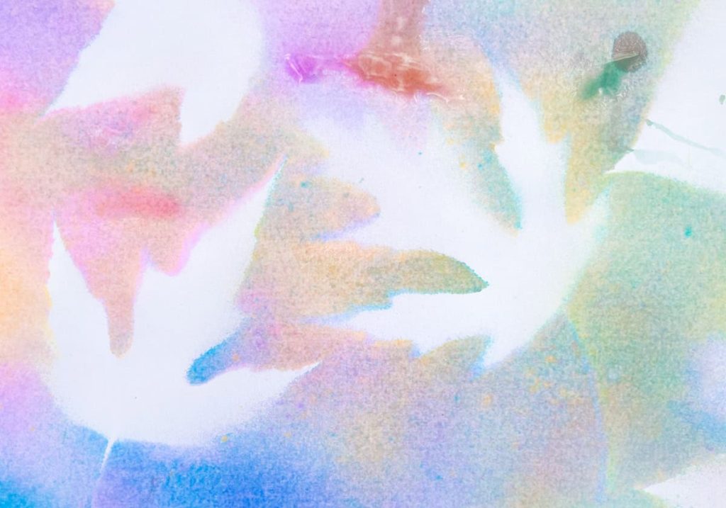 Close up of spray painted leaf outlines on watercolor paper