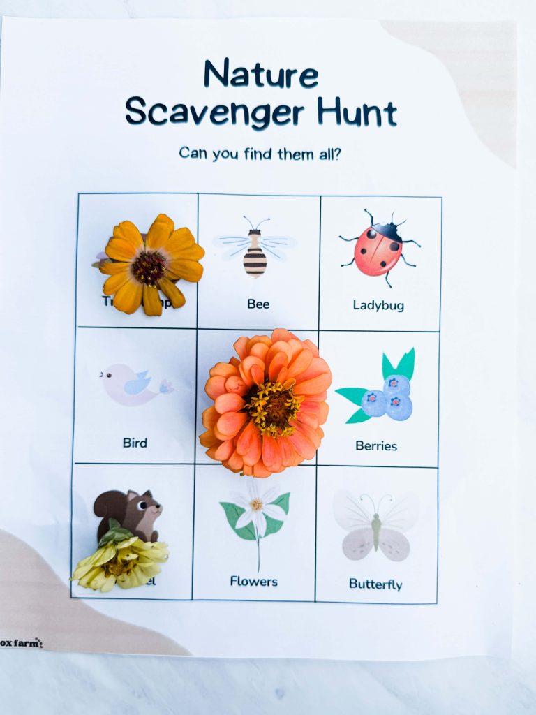 nature scavenger hunt with spaces crossed off by putting flowers on them