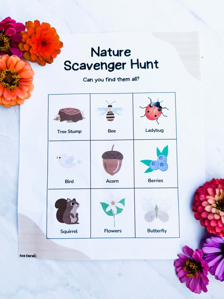 nature scavenger hunt page on table with flowers by it