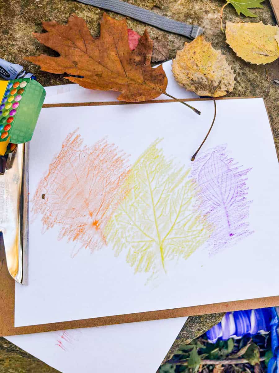 leaf rubbing on a clipboard with crayons and leaves around