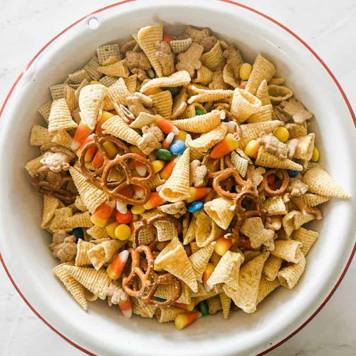 snack mix in a bowl on table