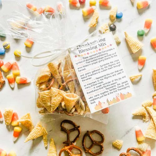 Blessing snack mix with free printable tag attached to the outside of the bag