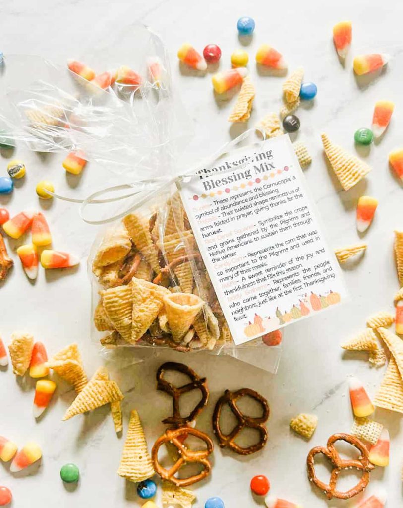Blessing snack mix with free printable tag attached to the outside of the bag