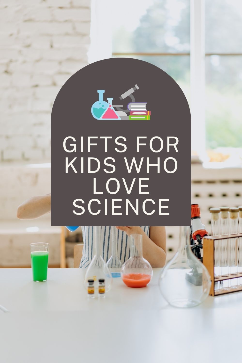 Pinterest pin for gifts for kids who love science with science experiment items on table