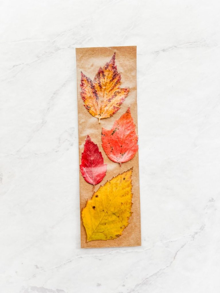 contact paper sealed and trimmed on a finished fall leaf bookmark on counter