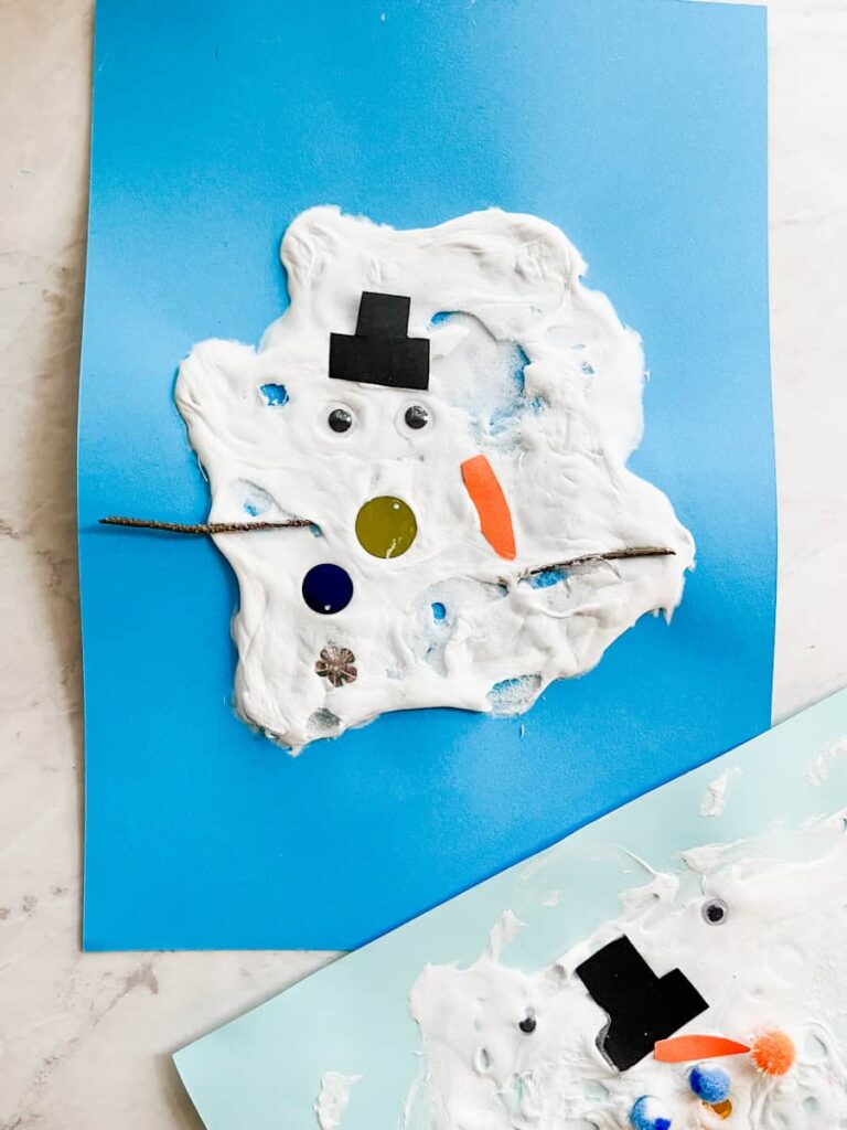 finished melting snowman craft sitting on the counter