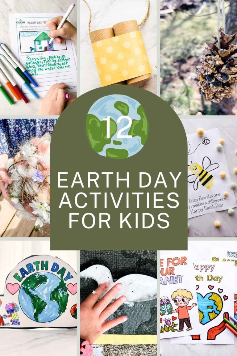 photo with 8 photos of the Earth Day crafts and activities with text overlay that says "12 Earth Day Activities For Kids"