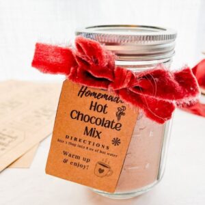Hot chocolate mix with printable tag and red bow on jar