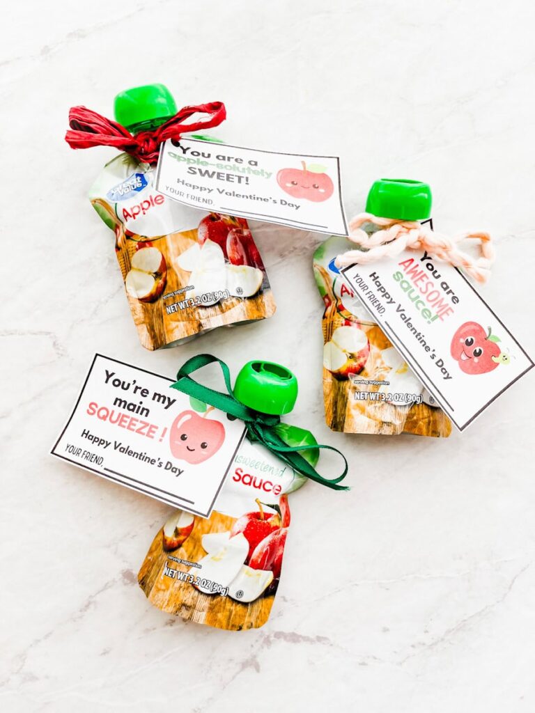 3 applesauce pouches with tags tie on the top
