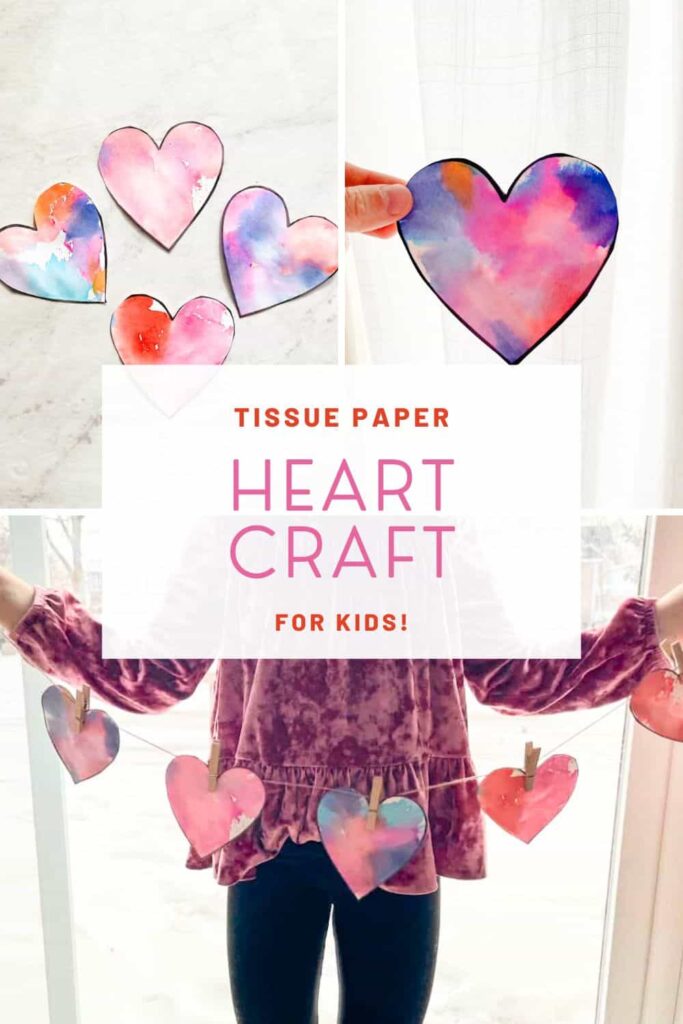 pinterest pin for tissue paper heart craft for kids