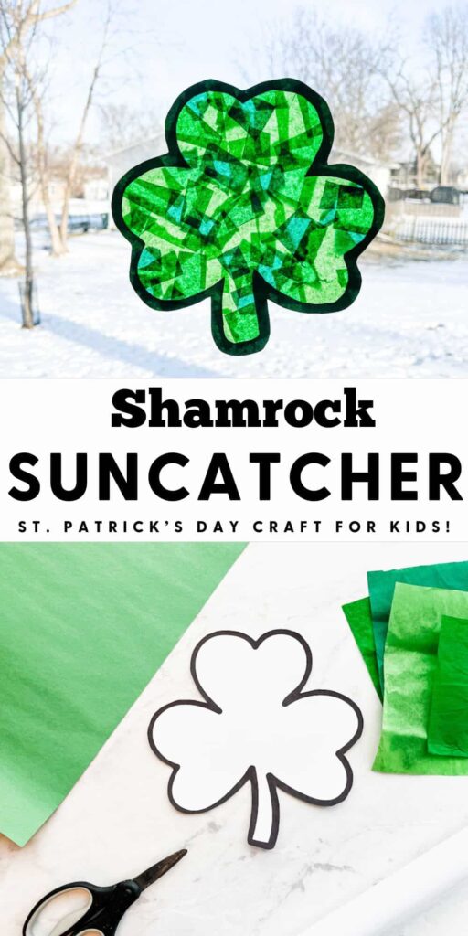 pinterest pin for a shamrock suncatcher st. Patrick's Day craft for kids!