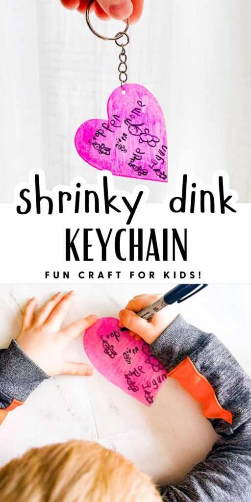 pinterest pin that says shrinky dink keychain and has a photo of a child drawing on the heart and the finished keychain