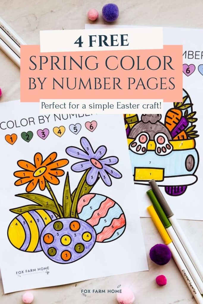 Pinterest pin with text overlay: 4 free spring color by number pages- perfect for a simple Easter craft