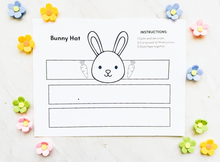 Printable bunny hat template on table with flowers around it