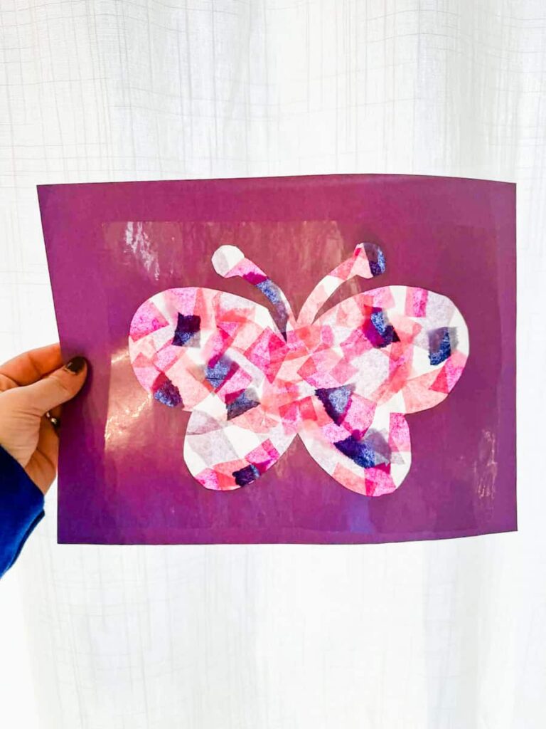 butterfly center cut out and filled in with tissue paper squares and covered with contact paper on both sides held up in front of a curtain