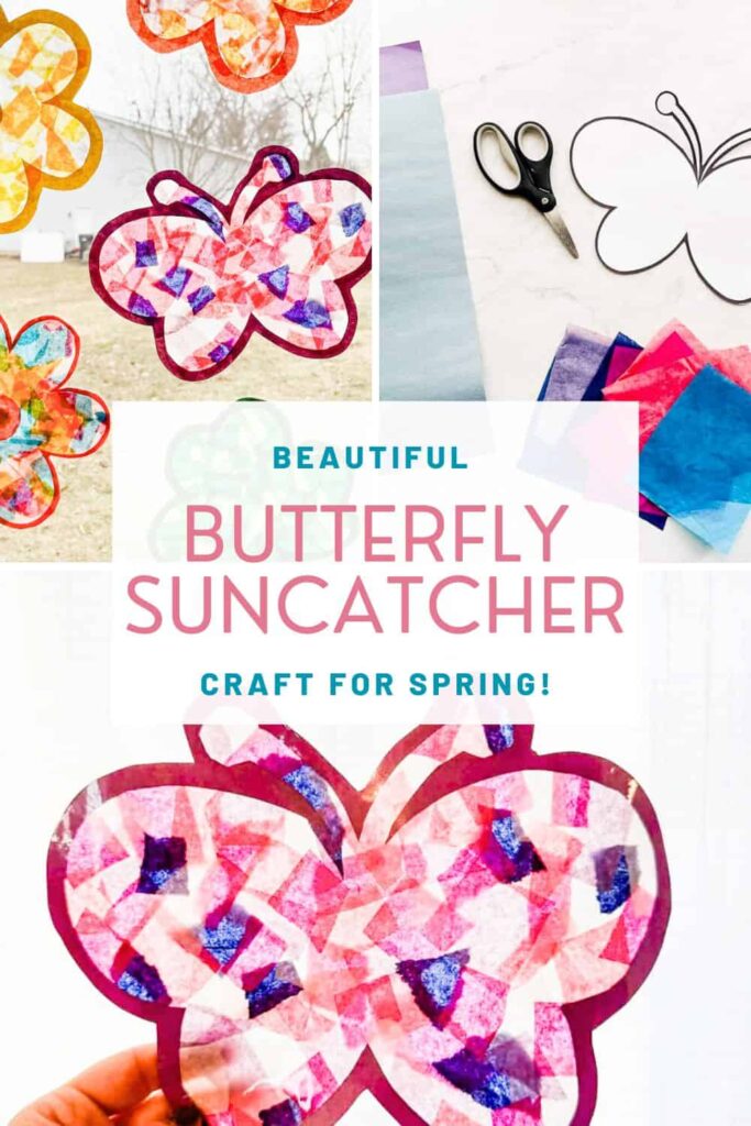 pinterest pin for beautiful butterfly suncatcher craft for spring