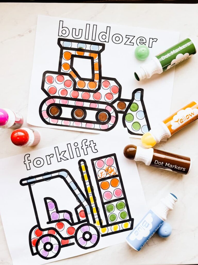 completed forklift and bulldozer dot marker pages