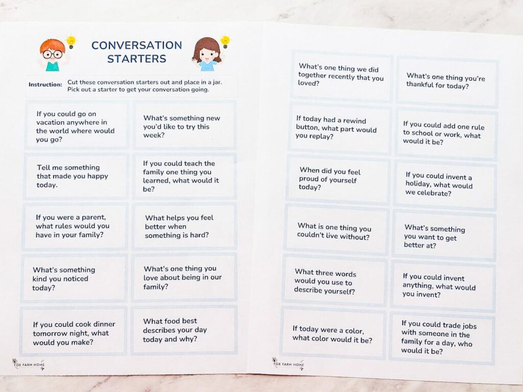 printable family conversation starters PDF on table