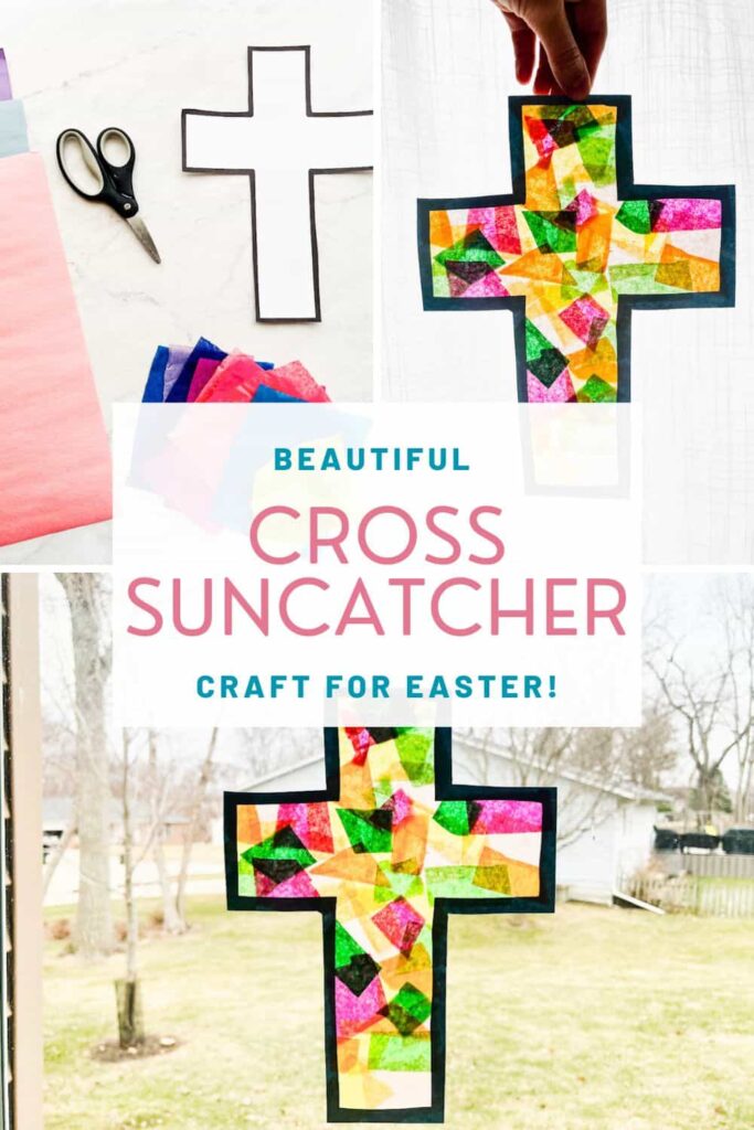 pinterest pin for beautiful cross suncatcher craft for Easter