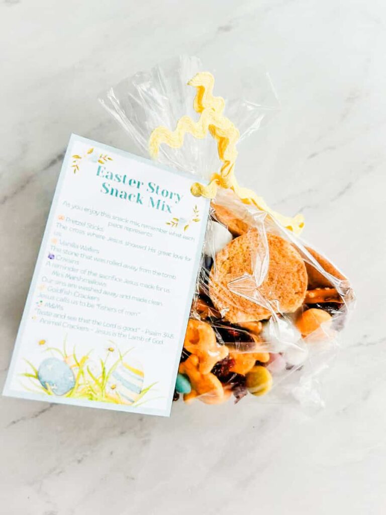snack mix in bag with the story tag tied on with yellow ribbon